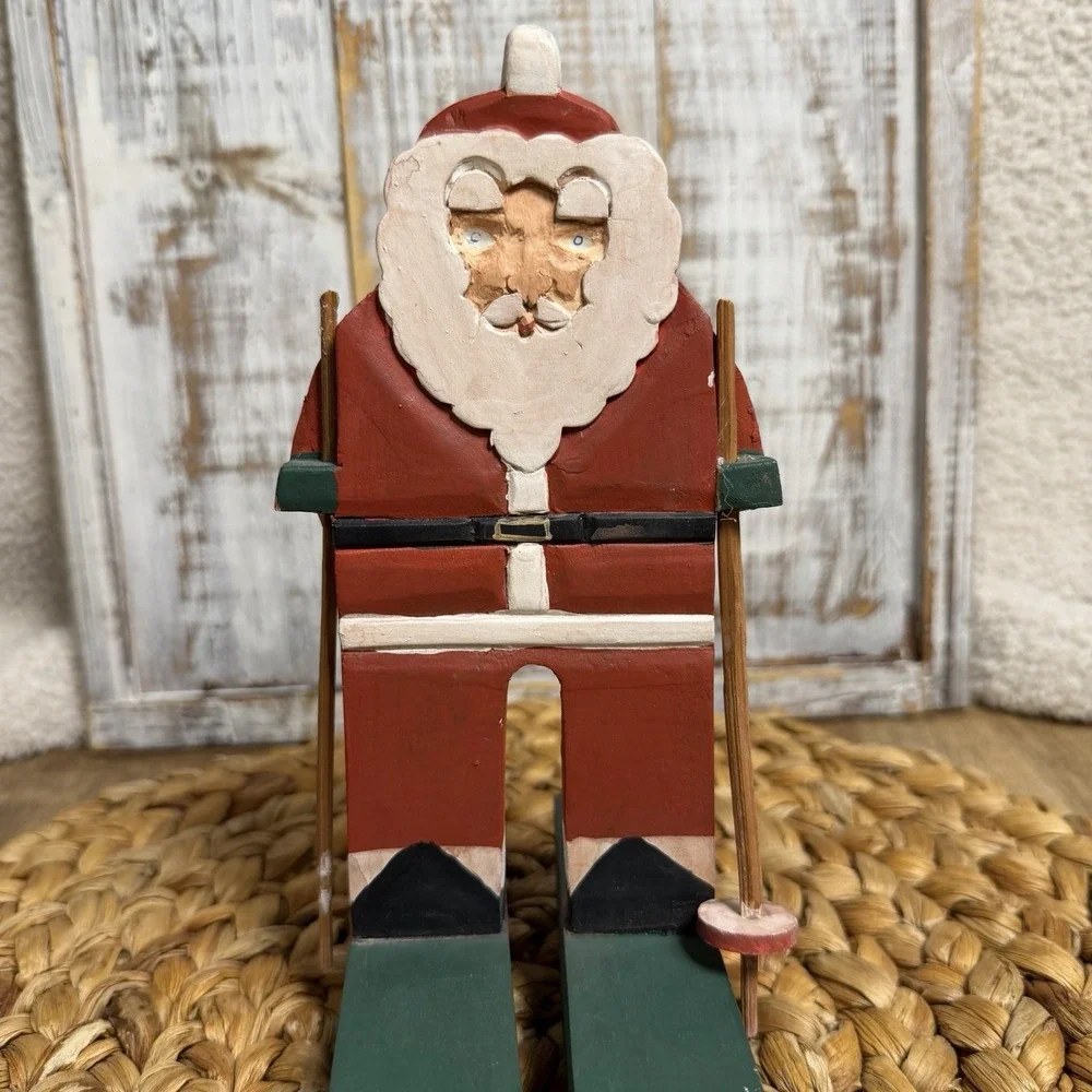 Midwest Of Cannon Falls Primitive Carved Wood Rocking Skiing Santa Figurine, 8in